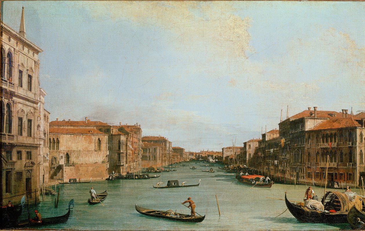 Canal Grande widziany z Palazzo Balbi (Il Canal Grande da Palazzo Balbi). Widok na Wenecję wzdłuż kanału. Obraz Giovanniego Antonio Canal znany jako Canaletto (1697-1768). Olej na płótnie. Wymiary: 45x73cm. Florencja, Galeria Uffizi (Florencja, Uffizi autorstwa Canaletto