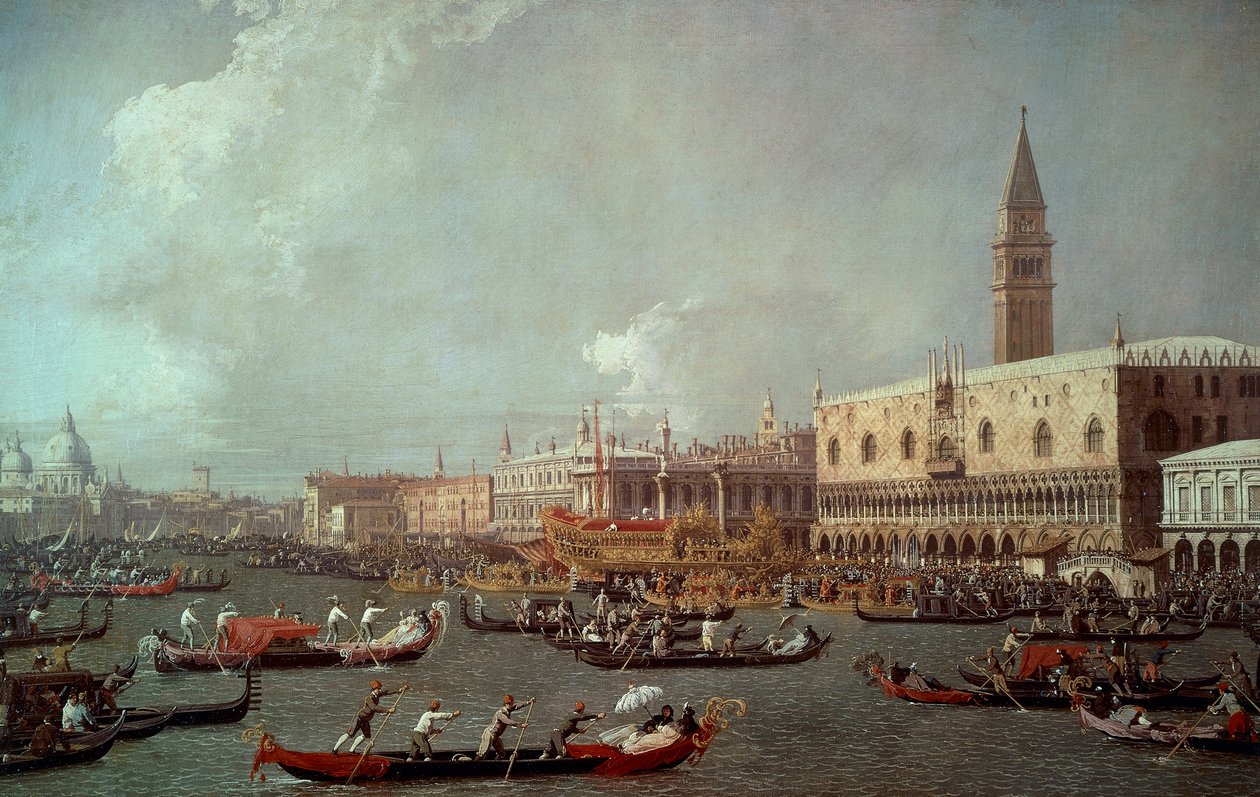 Powrót Bucentaura na molo w Dzień Wniebowstąpienia, ok. 1760 r., autor: Giovanni Antonio Canal znany jako Canaletto (1697-1768), olej na płótnie autorstwa (1697 1768) Canaletto