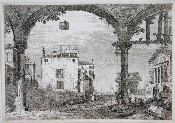 Widok przez arkadę w kierunku budynków przybrzeżnych (akwaforta) autorstwa Canaletto
