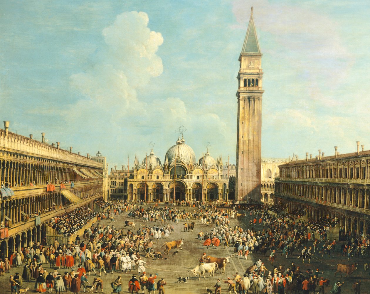 Walka byków lub polowanie na byki na Piazza San Marco, Giovanni Antonio Canal (1697-1768) i Giovanni Battista Cimaroli (1687-po 1753), olej na płótnie, 99x145 cm autorstwa Canaletto