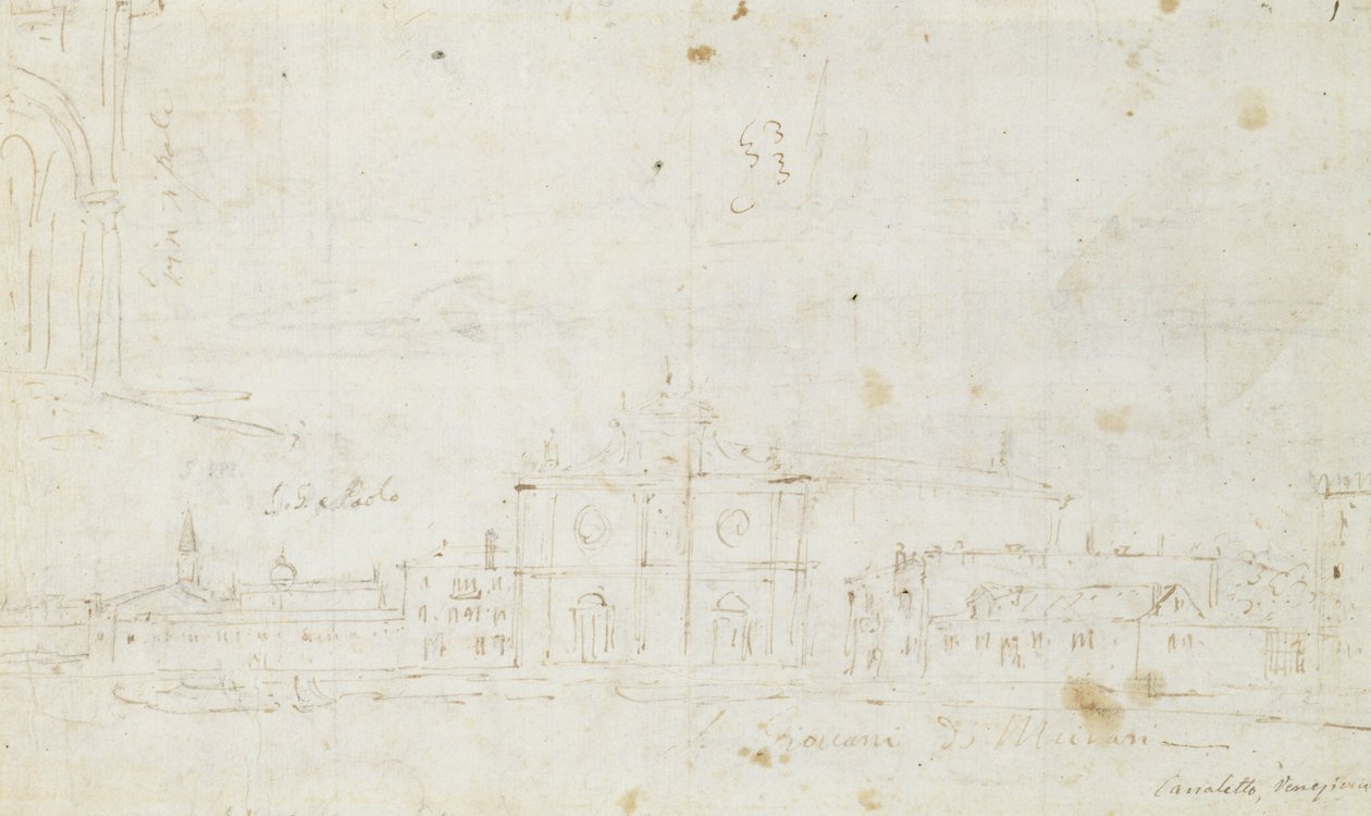 Murano: San Giovanni Dei Battuti, Z odległą Wenecją, ok. 1735-40 (rysunek) autorstwa Canaletto