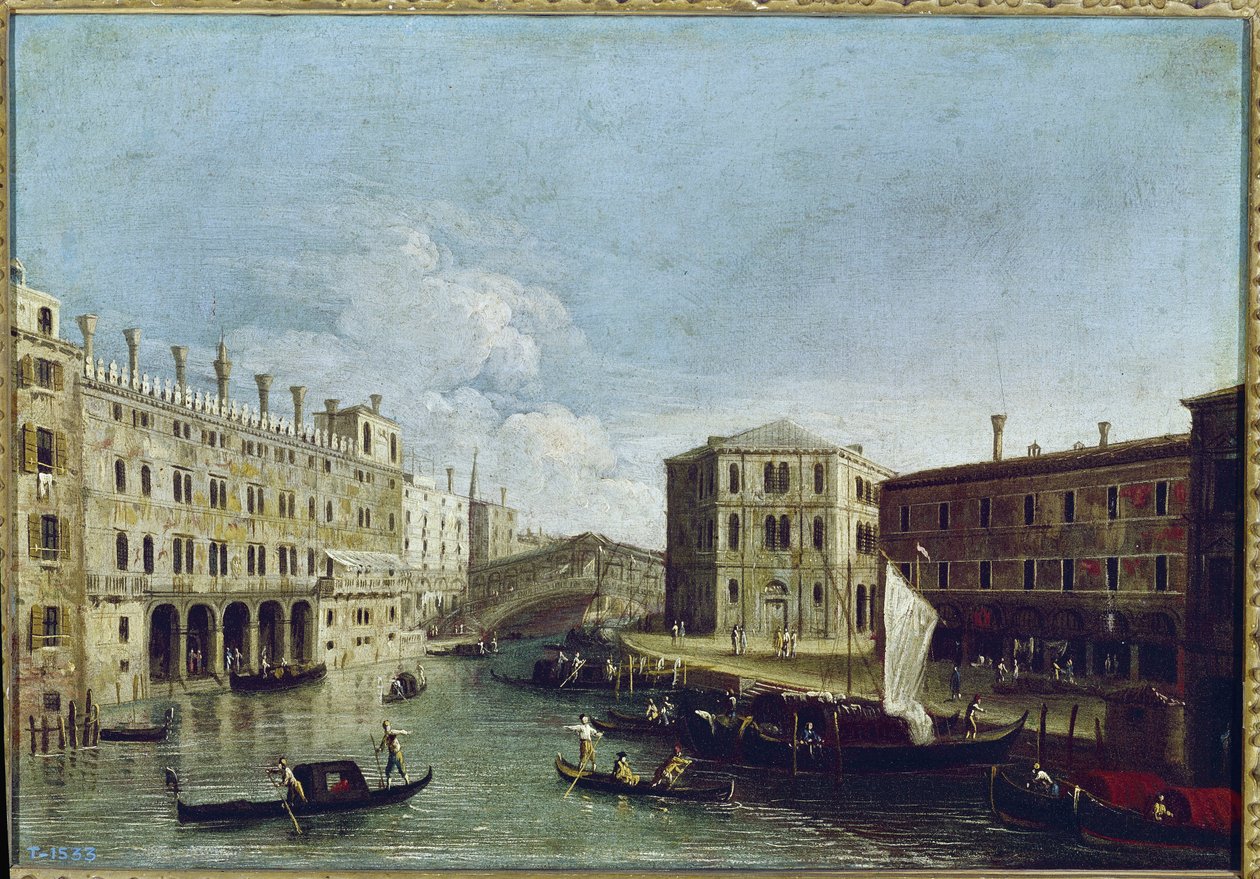 Widok na canal grande i rialto, po lewej Fondaco dei Tedeschi (olej na płótnie autorstwa Canaletto