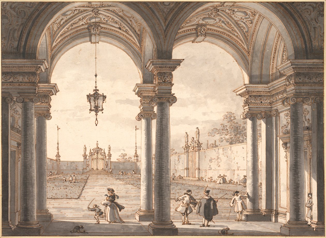 „Widok na barokową kolumnadę wychodzącą na ogród” (Widok przez barokową kolumnadę na ogród) Rysunek piórkiem Antonio Canal dit Canaletto (1697-1768) 1760-1768 Wymiary 33,1x45,4 cm Albertina , Wiedeń autorstwa Canaletto