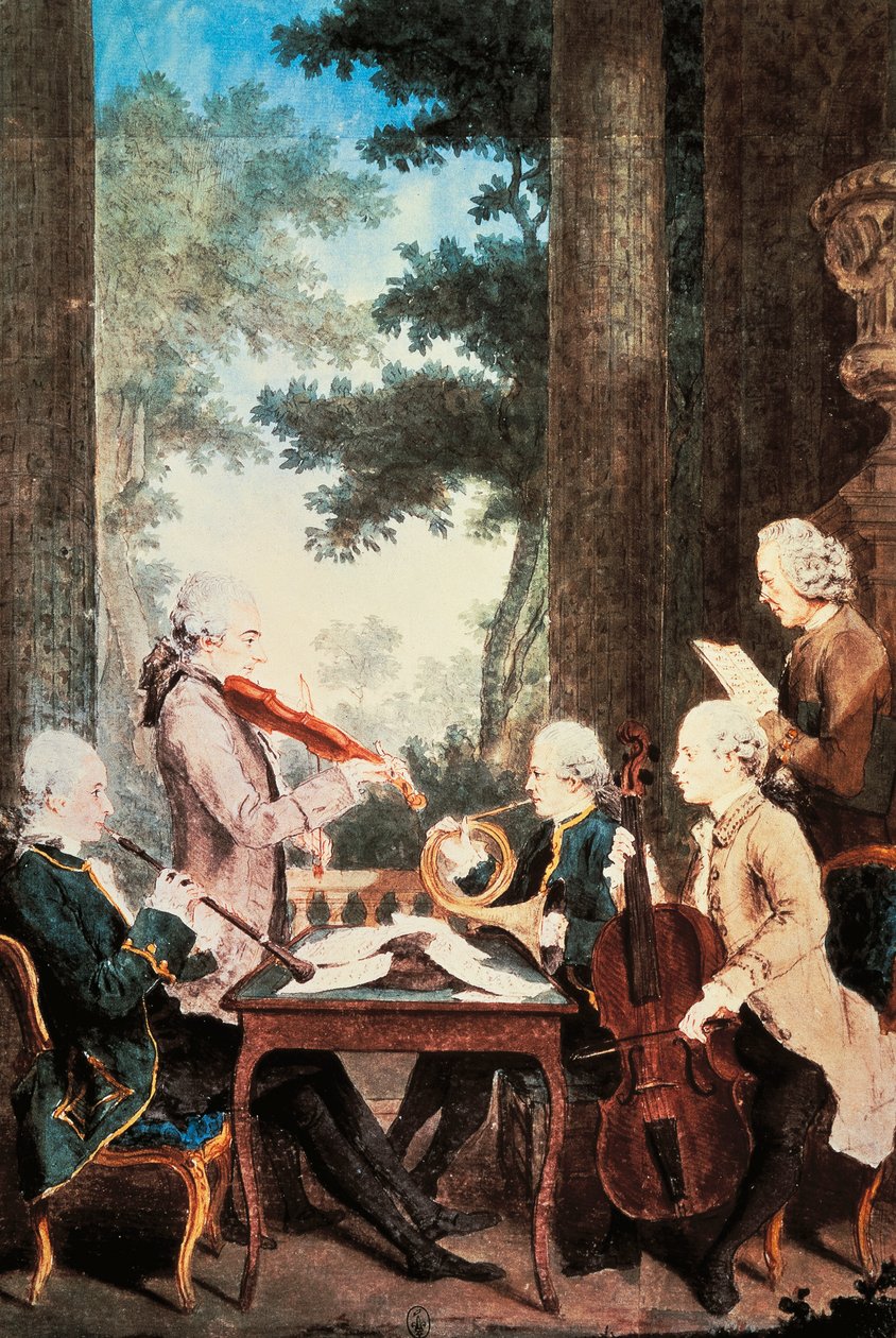 Koncert na obój, skrzypce, róg i wiolonczelę Louis de Carmontelle (1717-1806), akwarela. Francja autorstwa Carmontelle