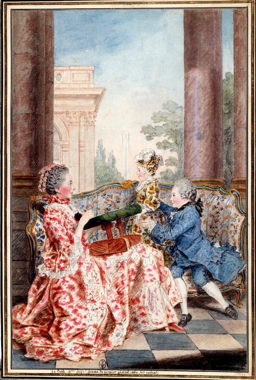 La belle Madame Caze, żona generała rolników i jej dzieci Akwarela autorstwa Louisa Carrogisa (1717-1806) dit Carmontelle. XVIII w. niedz. 0,32x0,21 m Chantilly, musee conde autorstwa Carmontelle