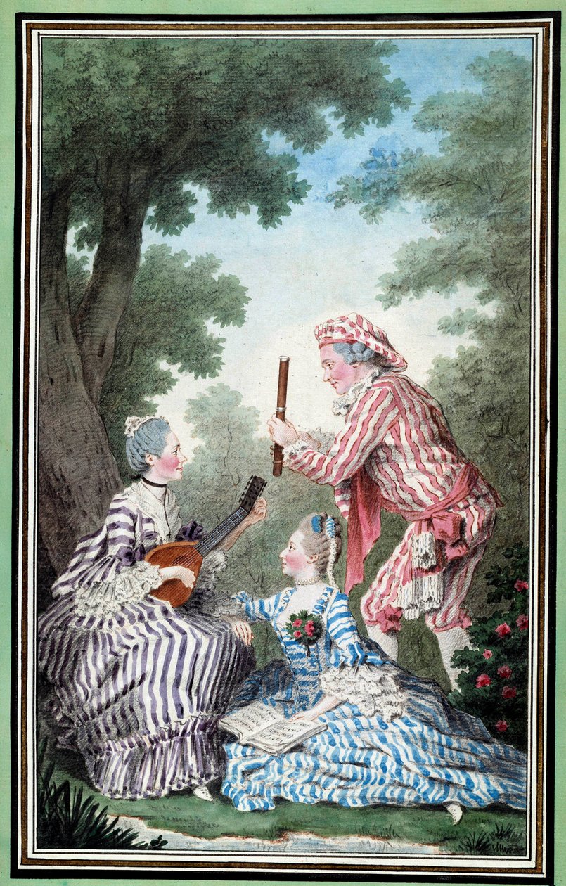 Madame de Meaux, Mademoiselle de Meaux i Monsieur de Saint Quentin powtarzają operę komiczną Akwarela Louisa Carrogisa Carmontelle (1717-1806) XVIII wiek Chantilly, Musee Conde autorstwa Carmontelle