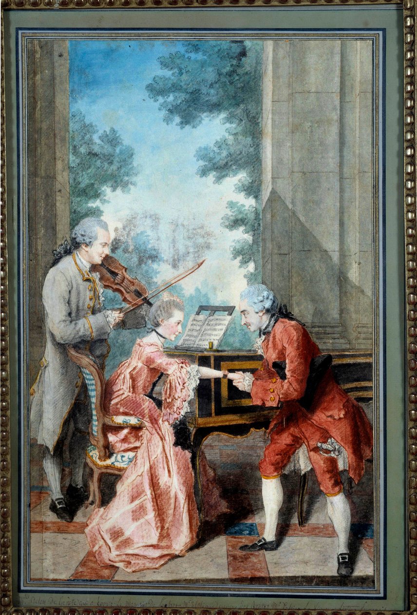 Mademoiselle Delou, Monsieur Philippe i Monsieur de Texier Dżentelmen składa hołd młodemu pianiście. Akwarela Louisa Carrogisa, dit Carmontelle (1717-1806) XVIII-wieczny Paryż, Musee Carnavalet - Mademoiselle Delou, Monsieur Philippe i Monsieur d autorstwa Carmontelle