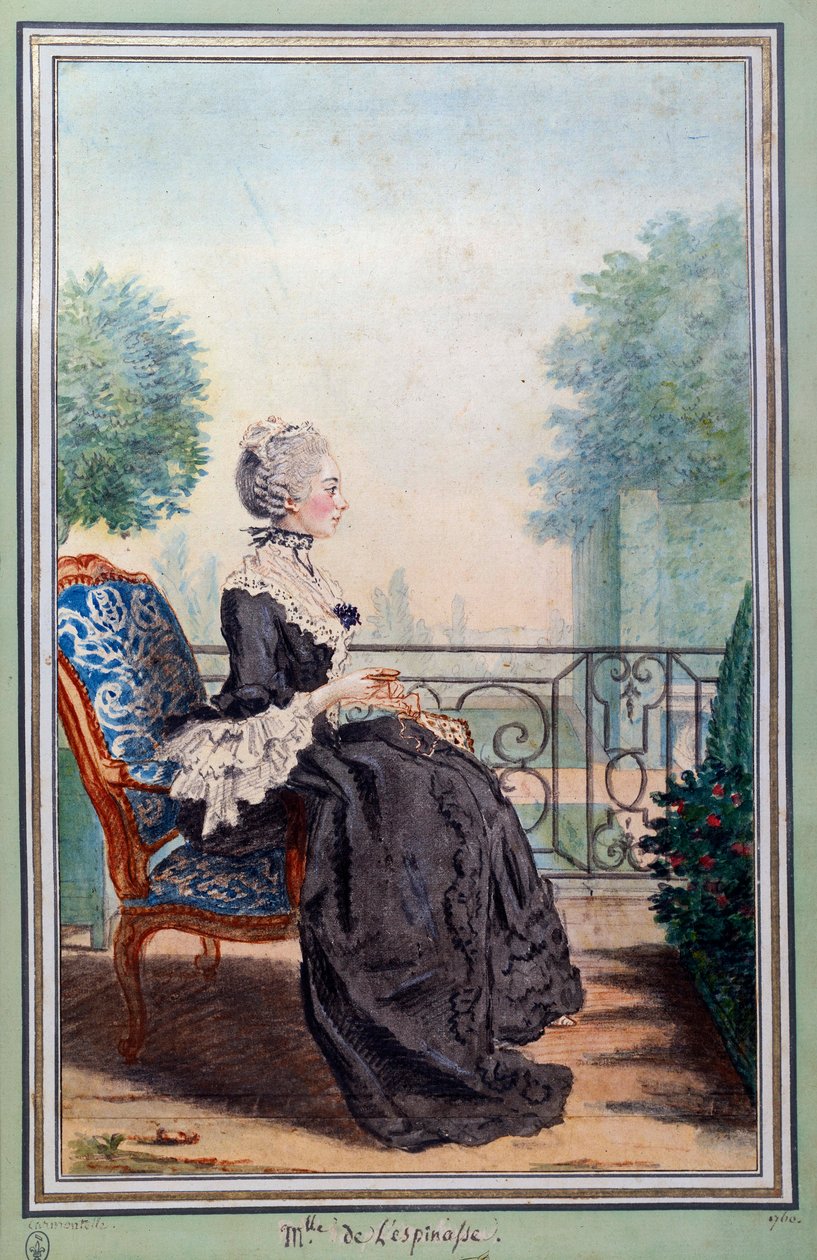 Pełnowymiarowy portret Julie de Lespinasse (1732-1776) listonoszki. Akwarela autorstwa Louisa Carrogisa (1717-1806) znanego jako Carmontelle. Chantilly z XVIII wieku, conde museum autorstwa Carmontelle