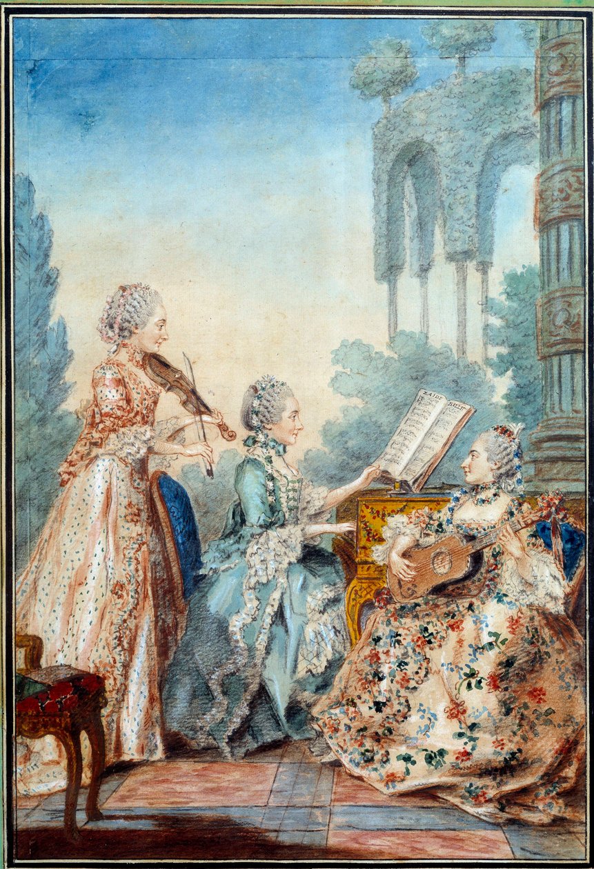Trzy córki kompozytora Josepha Nicolasa Pancrace Royera (1705-1755) wykonujące partyturę baletu Zaide Aquarelle Louisa Carrogisa Carmontelle (1717-1806) 1760 Paryż, Musee Carnavalet autorstwa Carmontelle