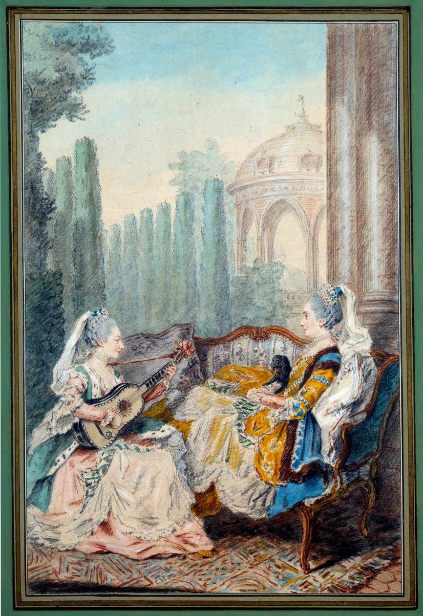 Dwie młode dziewczyny wykonujące akwarelową muzykę Louisa carrogis dit Carmontelle (1717-1806) XVIII wiek. Paryż, Muzeum Carnavalet autorstwa Carmontelle