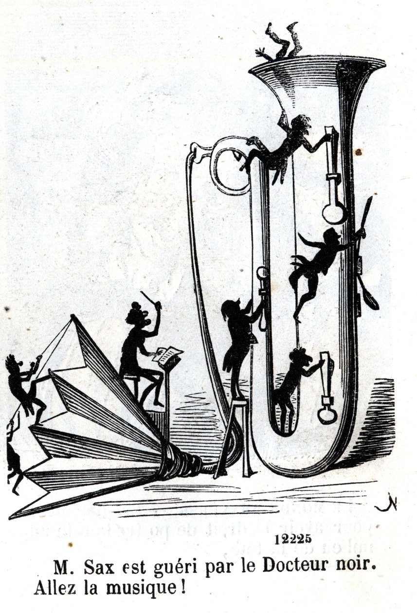 Pan Sax zostaje zraniony przez czarnego lekarza. (Adolphe (Adolph) Sax, wynalazca saksofonu (1814-1894). autorstwa Nadar
