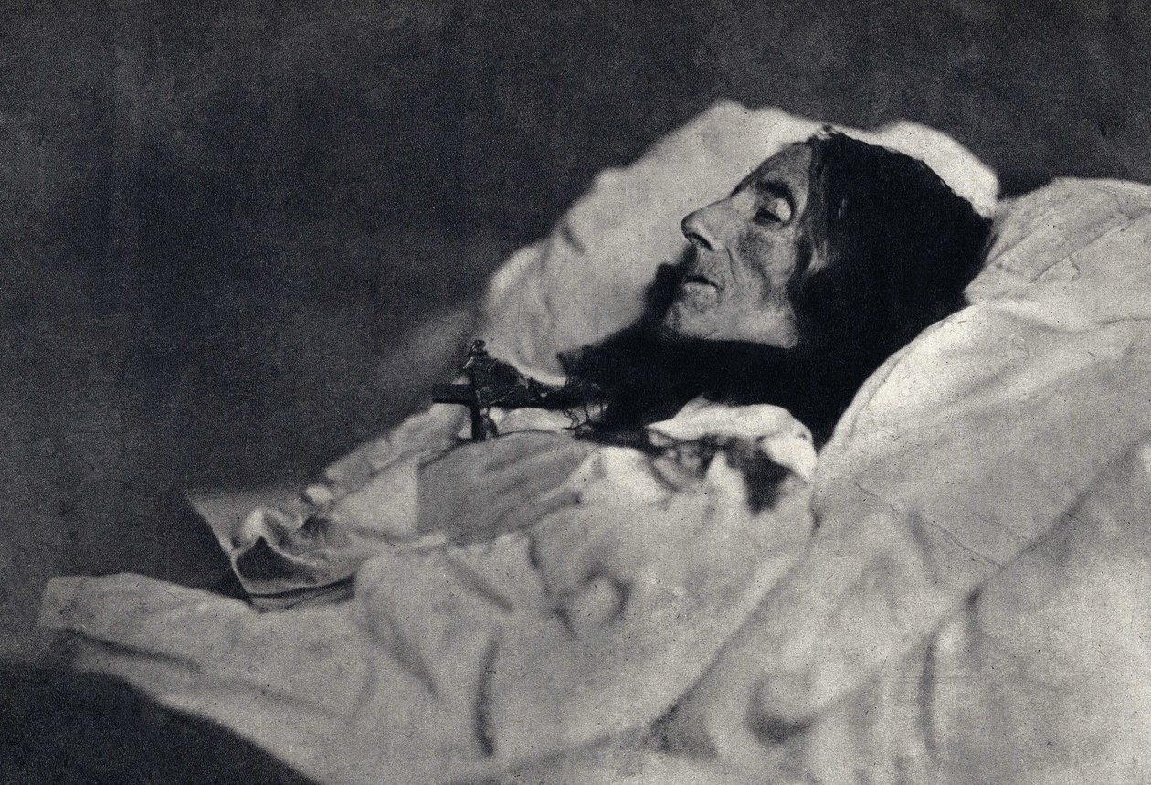 Portret poetki Marceliny Desbordes Valmore (Desbordes-Valmore) (1786-1859) na łożu śmierci. Fotografia Felixa Tournachona dit Nadara (1820-1910) z 1859 r. Druk Victora Tournachona, ojca Nadara, koniec XIX wieku. autorstwa Nadar