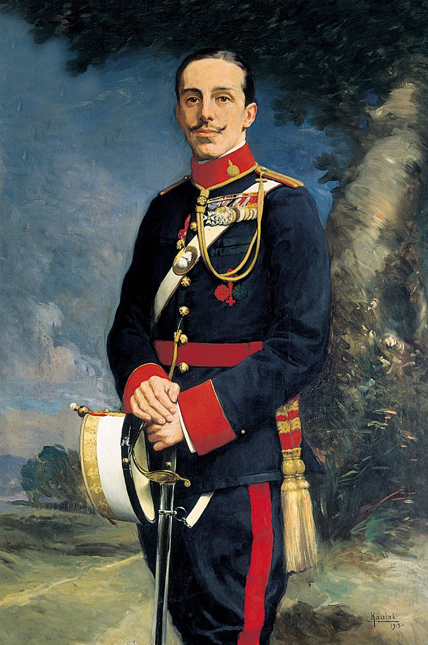 Portret Alfonsa XIII (1886-1941), króla Hiszpanii w wojskowym mundurze. Malarstwo Kaulaka (XIX wiek) autorstwa Kaulak