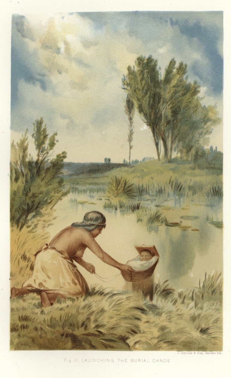 Wodowanie kajaka pogrzebowego (kolorowa litografia) autorstwa (after) American School