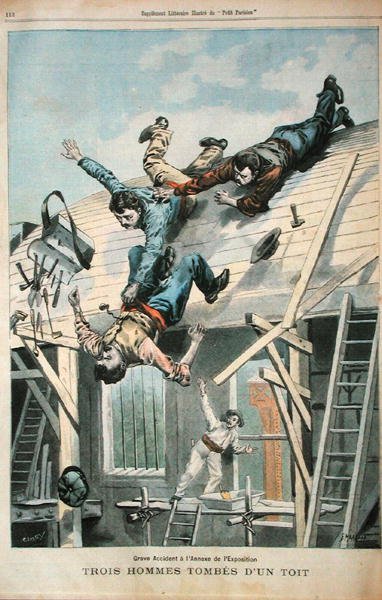 Trzech mężczyzn spadających z dachu, z „Le Petit Parisian”, grawerowane przez Fortune-Louis Meaulle (1844-1901) 8 kwietnia 1900 (kolor lito) autorstwa (after) Carrey