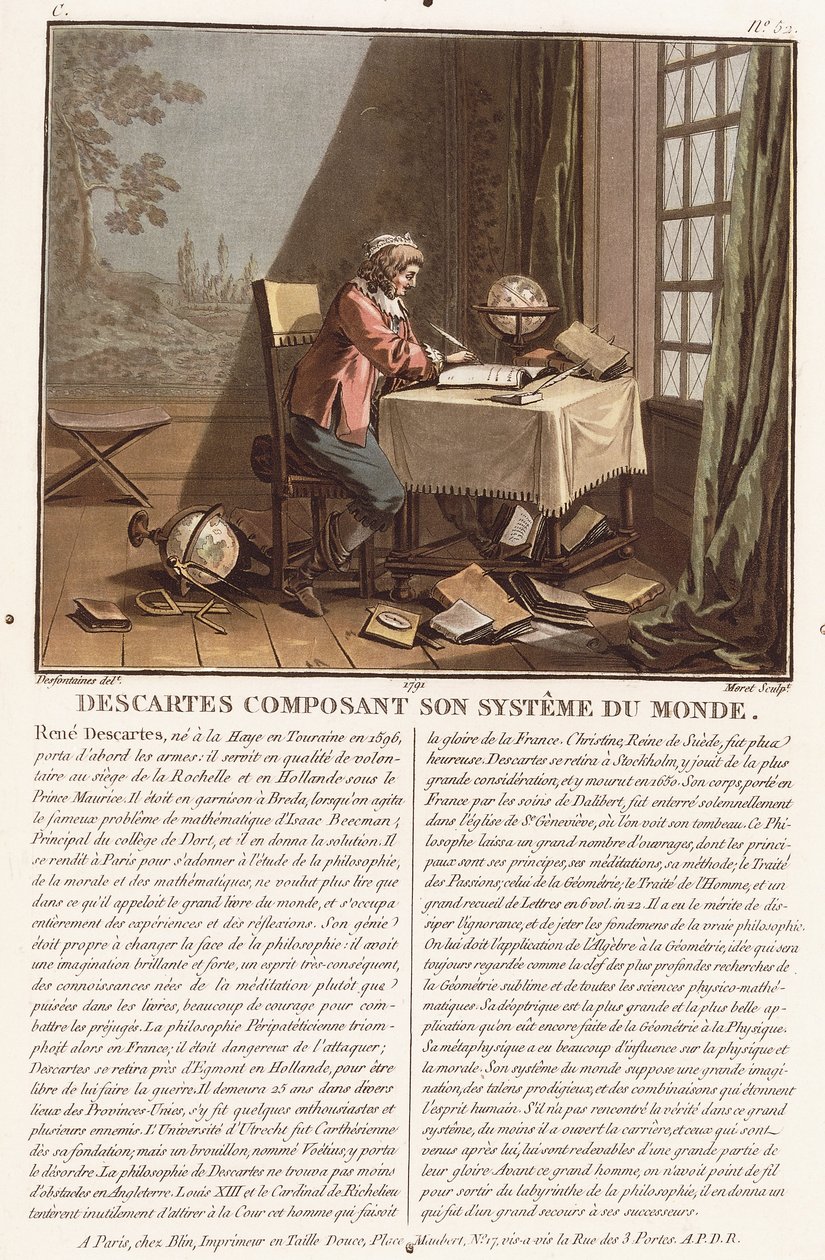 Kartezjusz komponuje swój system światowy, ok. 1786-1792 (akwatinta kolorowa) autorstwa (after) Desfontaines