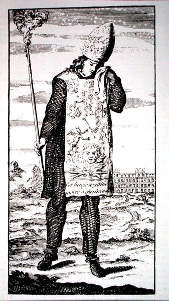 Czarownik skazany na śmierć przez Inkwizycję, kopia ilustracji z „Kompletnej historii Inkwizycji”, Londyn 1736, wykorzystana w „Historii magii”, opublikowanej pod koniec XIX wieku (rycina) autorstwa (after) English School