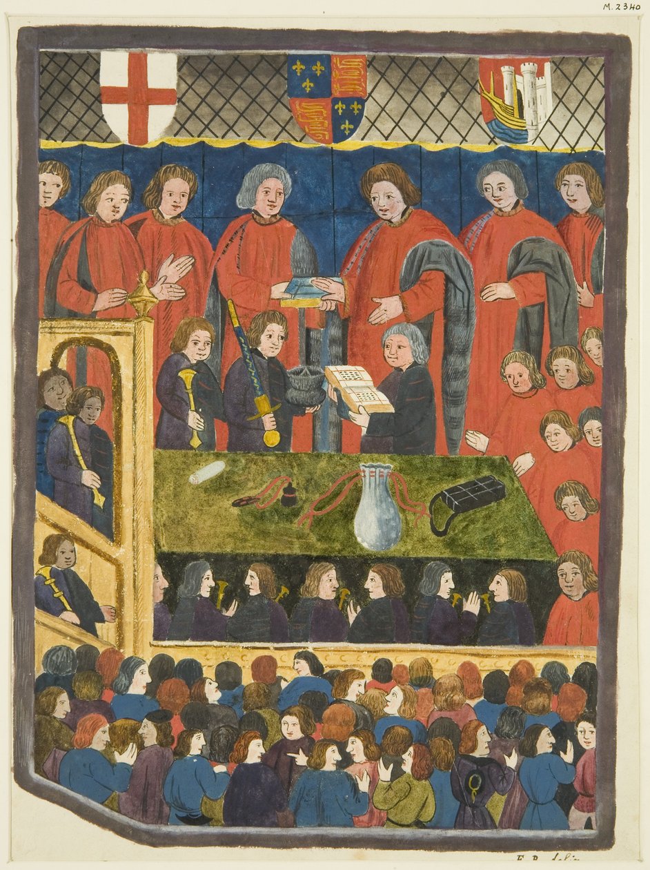 Kopie ilustracji z kalendarza Ricarta - Uroczystość zaprzysiężenia burmistrza Bristow (ołówek i akwarela na papierze) autorstwa (after) English School