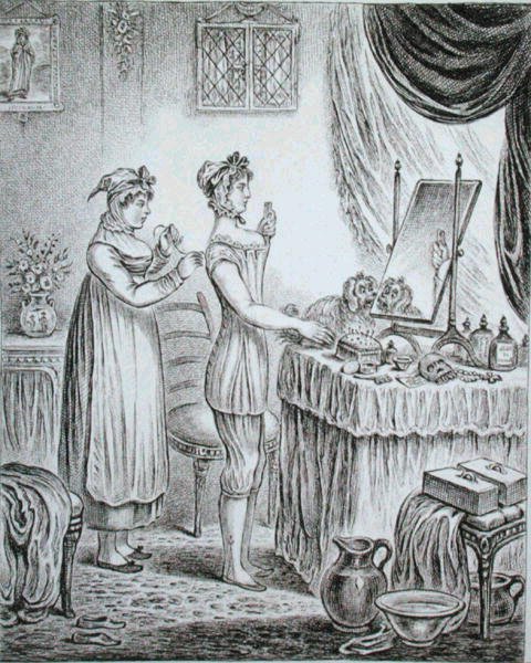 Progress of the Toilet: the Stays, akwaforta autorstwa Jamesa Gillraya (1757-1815) opublikowana przez Hannah Humphrey w 1810 roku (akwaforta) autorstwa (after) English School