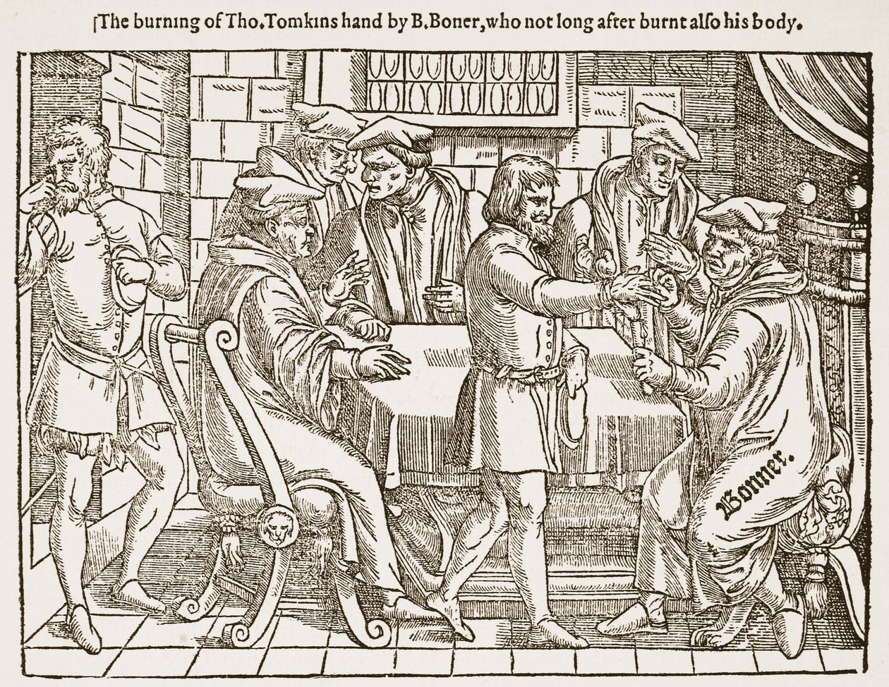 Spalenie Tho. Ręka Tomkinsa autorstwa B. Bonera, który niedługo potem spalił również jego ciało, ilustracja z „The Church of England: A History for the People” autorstwa H.D.M. Spence-Jones, wyd. ok. 1910 (lito) (zdjęcie w sepii) autorstwa (after) English School