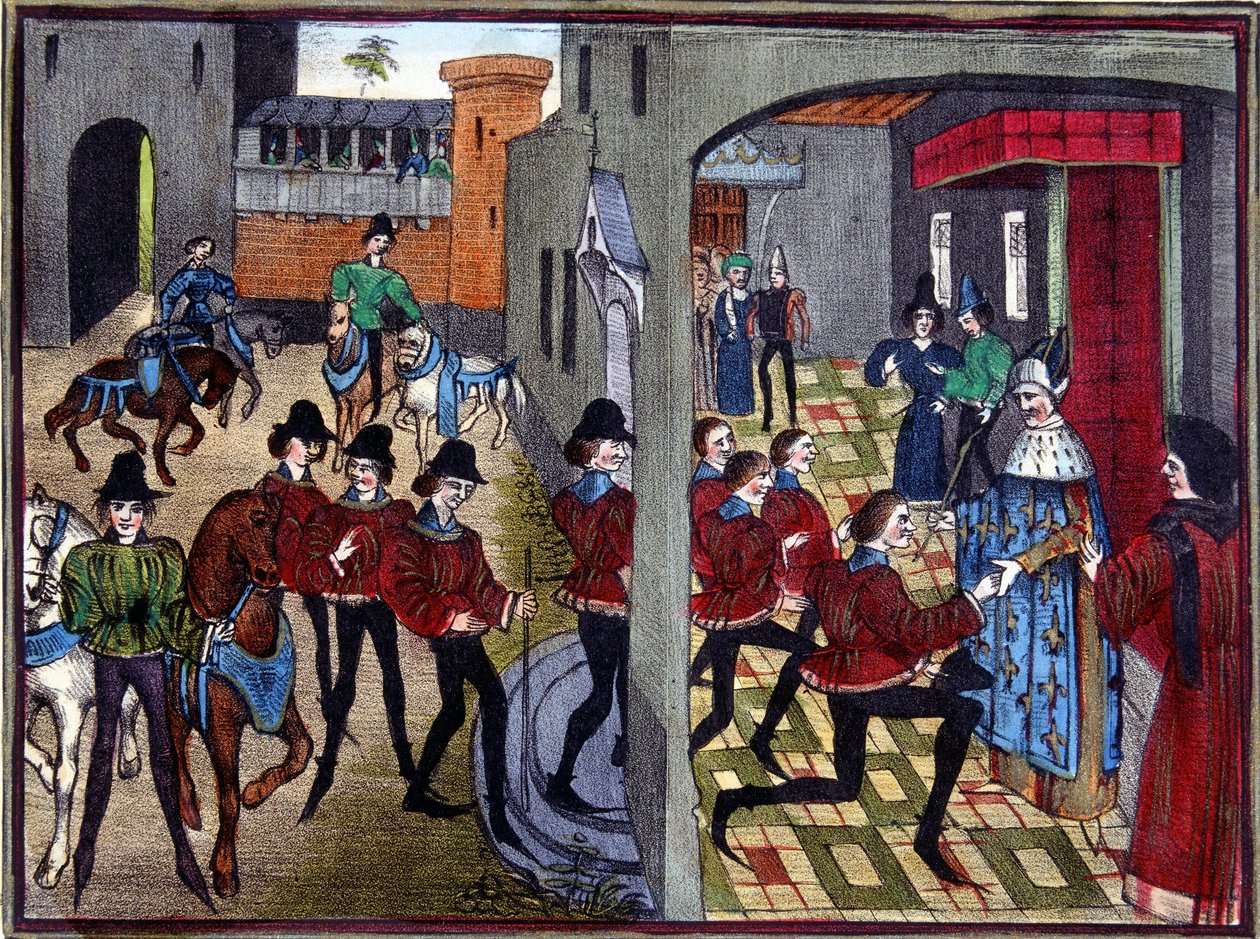 Karol Wielki przyjmuje 4 synów Aymona na dworze i pasuje ich na rycerza - na podstawie XIII-wiecznej miniatury autorstwa Huona de Villeneuve autorstwa (after) French School