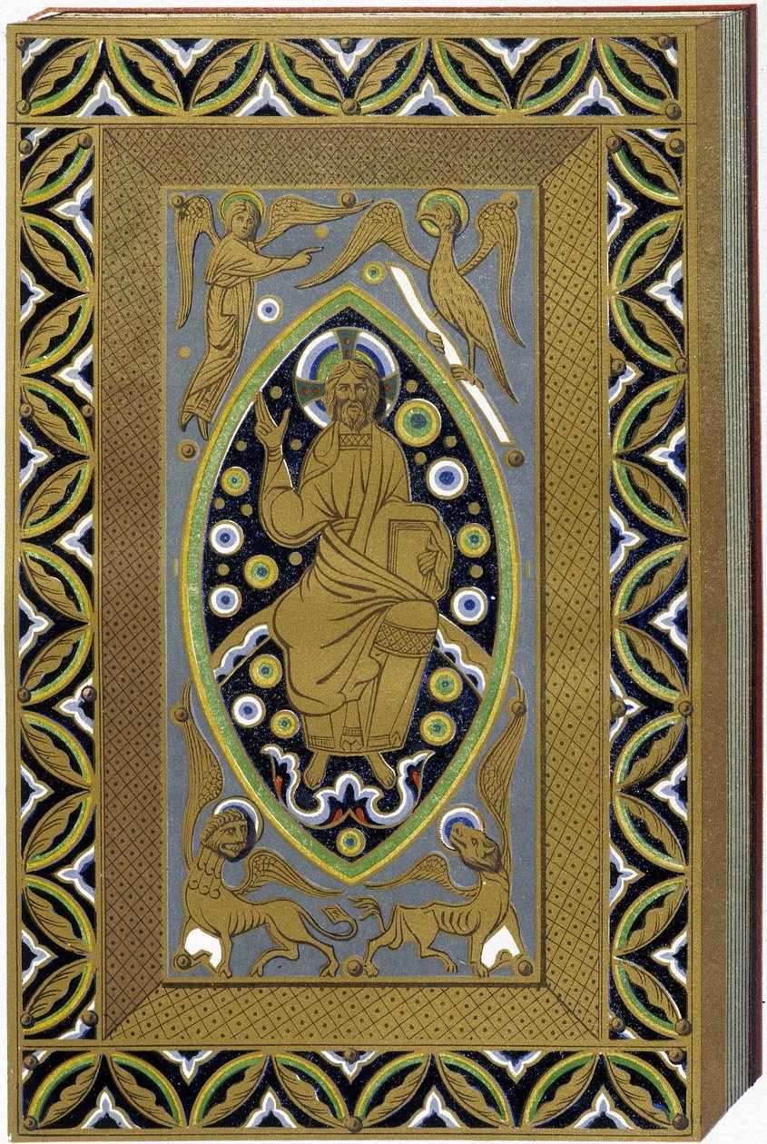 Chrystus w Mandorli z symbolami 4 ewangelistów (tetramorf). Litografia przedstawiająca emaliowaną oprawę z XIII wieku. autorstwa (after) French School
