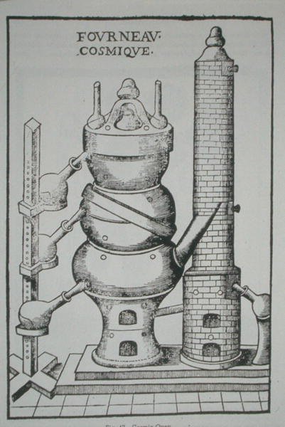Kosmiczny Piec, z „La Theotechnie Ergocosmique” Annibala Barleta (1653) zilustrowany w historii magii opublikowanej pod koniec XIX wieku (lito) autorstwa (after) French School