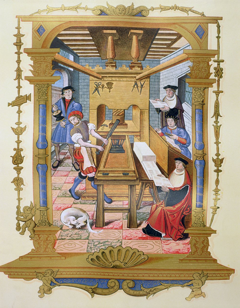 Wnętrze drukarni z XVI wieku, kopia miniatury z „Chants royaux sur la Conception Couronnee du Puy de Rouen” (kolor litho) autorstwa (after) French School