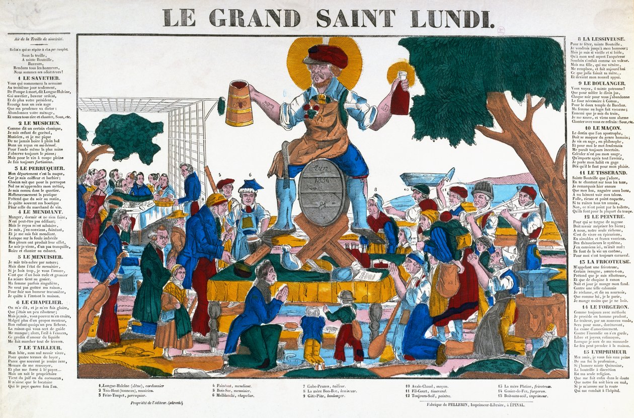Le Grand Saint Lundi, Wielki Poniedziałek, rysunek o robotnikach i rzemieślnikach, którzy w poniedziałki piją alkohol zamiast pracy, połowa XIX wieku (kolor lito) autorstwa (after) French School