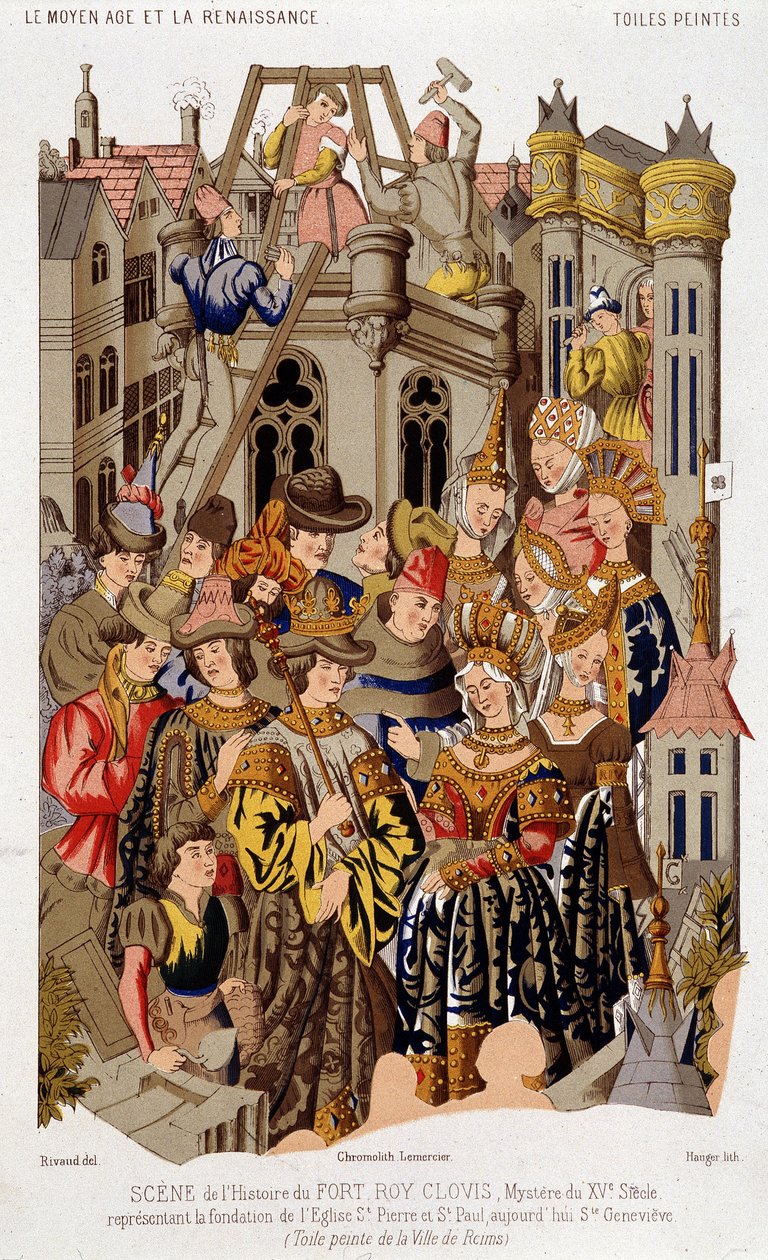 Scena z historii Fort Roy de Clovis. Misterium z XV wieku przedstawiające założenie kościoła św. Piotra i Pawła, dziś św. Genevieve. (z) Malowane płótno miasta Reims. autorstwa (after) French School