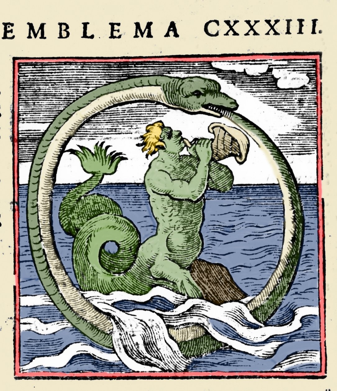 Tryton i uroboros, ilustracja „Symbole” (Emblemy z książeczki) autorstwa Andrei Alciati (kolor litho) autorstwa (after) Italian School