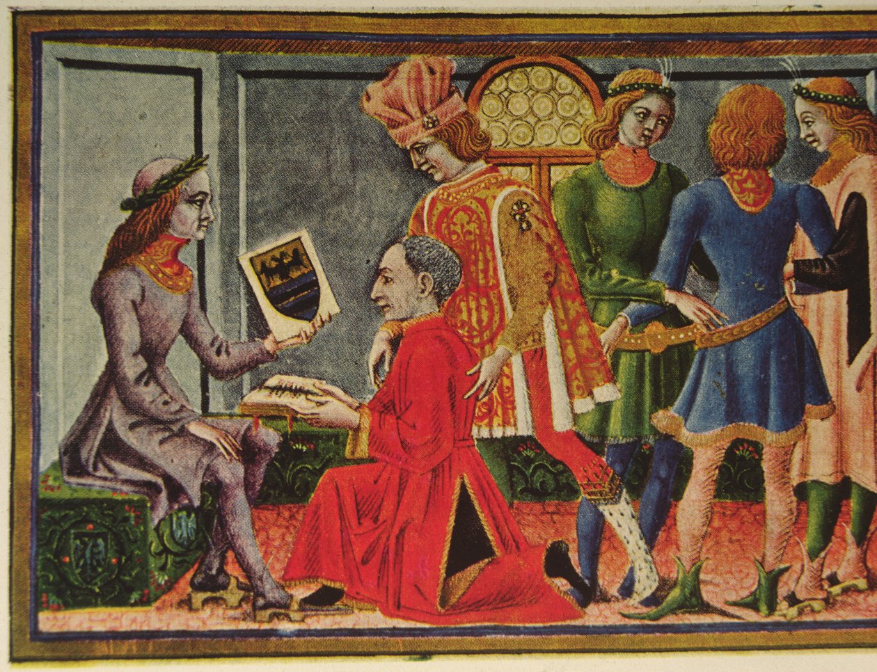 Cesarz Fryderyk III odbiera książkę astronoma Giovanniego Bianchiniego „Tablets of Astrology” (kolor lito) autorstwa (after) Italian School