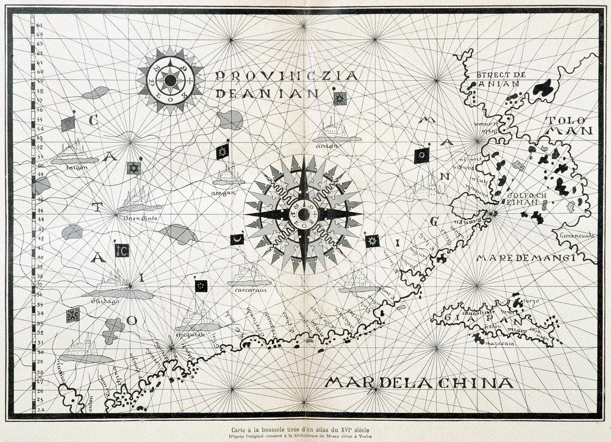 Mapa kompasu z XVI-wiecznego atlasu, oparta na oryginale zachowanym w bibliotece Museo Civico w Wenecji autorstwa (after) Italian School