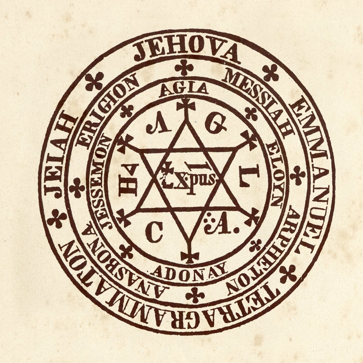 Nauki okultystyczne: magiczny krąg. Schemat z „De Occulta Philosophia” niemieckiego uczonego okultyzmu Henry’ego Corneliusa Agrippy z Nettesheim (1486-1535) (znanego jako Cornelius Agrippa lub Agrippa z Nettesheim) autorstwa (after) Italian School