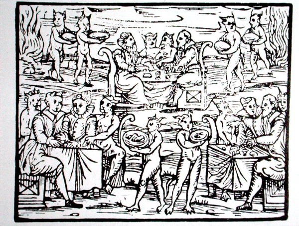 Uczta czarnoksiężnika, kopia ilustracji z „Compendium Maleticarum” ks. M. Guaccius, Mediolan 1608, wykorzystana w wydanej w końcu XIX w. „Historii magii” (drzewryt) autorstwa (after) Italian School
