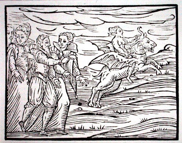 Czarownica dosiadająca diabolicznego kozła, kopia ilustracji z „Kompendium Maleficarum” pana F. Guaccius, Mediolan 1608, wykorzystana w „Historii magii”, wydanej pod koniec XIX wieku (drzewryt) autorstwa (after) Italian School