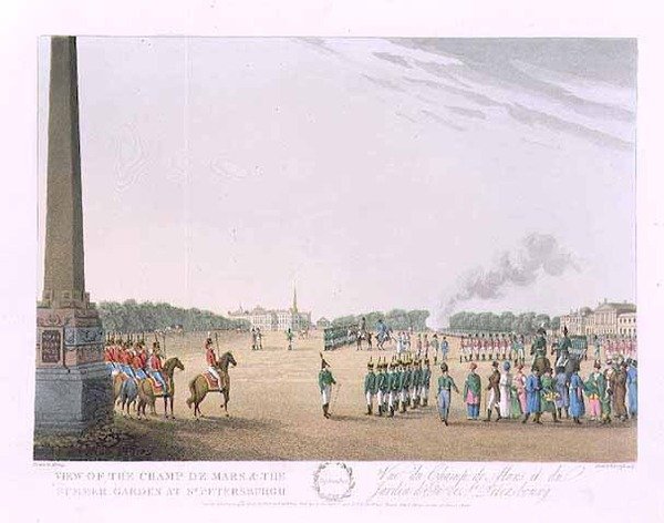 Widok na Pola Marsowe i Ogród Letni w Petersburgu, ilustracja na wrzesień z „Roku w Petersburgu” sztychowanego przez Johna H, Clarka, kolorowanego przez M. Dubourga, wyd. 1815 w Londynie autorstwa Edwarda Orme (kolor grawerowany) autorstwa (after) Mornay