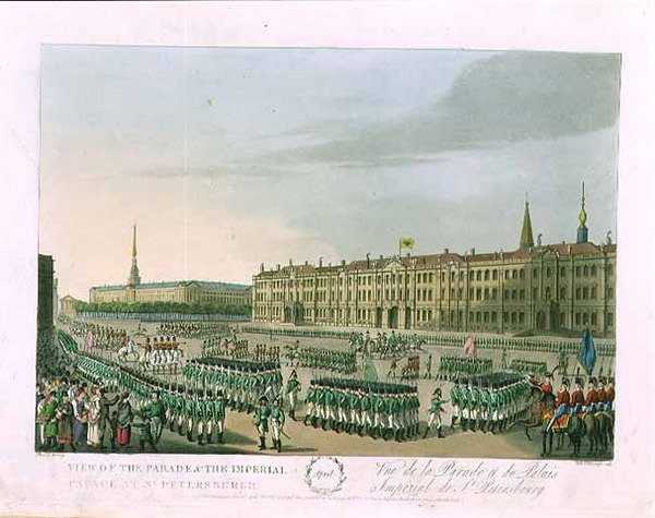Widok parady i Pałacu Cesarskiego w Petersburgu, ilustracja na kwiecień z „Roku w Petersburgu” sztychowanego przez Johna H. Clarka, kolorowanego przez M.Dubourga, wyd. 1815 w Londynie Edwarda Orme (kolorowy grawerunek) autorstwa (after) Mornay