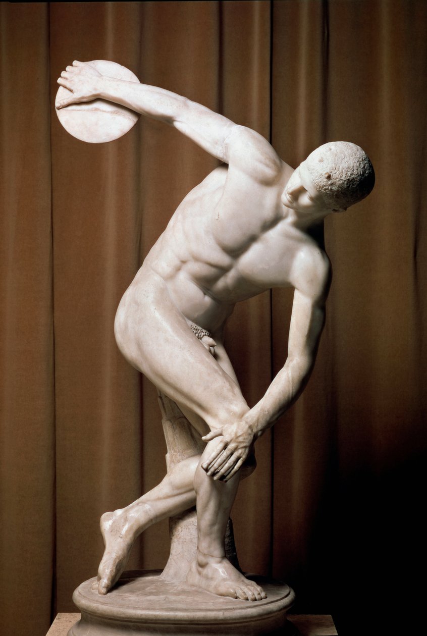 Dyskobol. Rzymski sportowiec próbujący rzucić rekord. Rzymska kopia oryginalnego brązu Myrona z V wieku p.n.e. Roma, Museo Nazionale Romano Rzym autorstwa (after) Myron