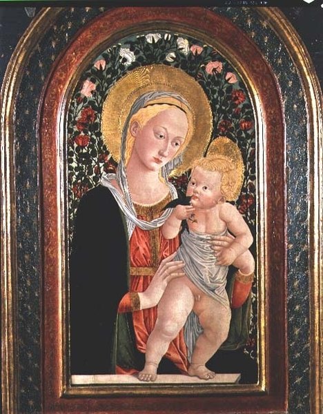 Madonna z Dzieciątkiem, stojące dziecko trzymające ptaka autorstwa (after) Pier Francesco Fiorentino