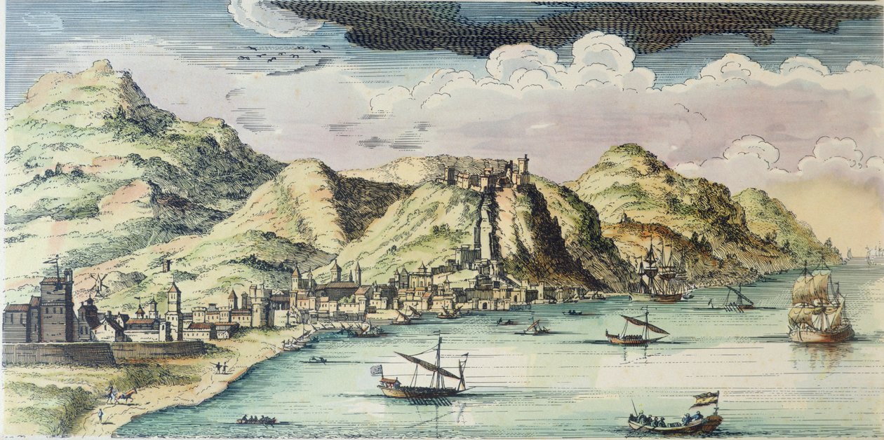 Widok na miasto Malaga, Hiszpania (kolorowy grawerunek) autorstwa (after) Spanish School