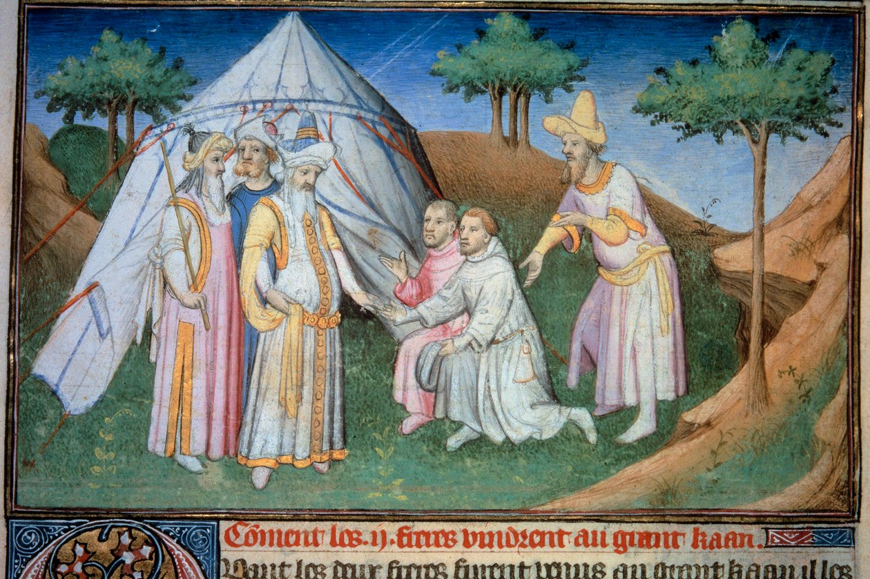 Bracia Nicolo i Matteo Polo, ojciec i wuj młodego Marco Polo (1254-1324) zostali przyjęci na dworze Wielkiego Kubilaja (Kubilai Khan, pierwszy cesarz mongolskiej dynastii Yuan (1215-1294), cesarz mongolski w 1271 r.” Miniatura zaczerpnięta z „ autorstwa (and workshop) Boucicaut Master
