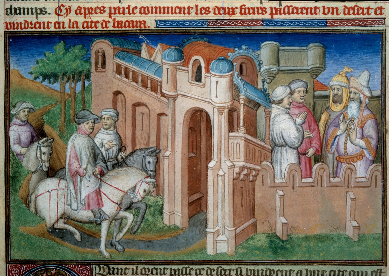 Bracia Nicolo i Matteo Polo, wujek i ojciec Marco Polo (1254-1324) przybywają do Buchary, Uzbekistan. Miniatura z "Księgi cudów" ("Devisement du monde", "Il Milione") przez Marco Polo (1254-1324) ilustrowane przez Mistrza Bouci autorstwa (and workshop) Boucicaut Master