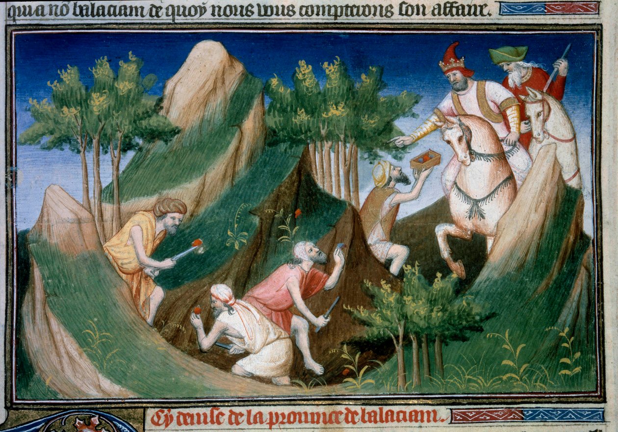 Wydobycie rubinów z góry Sighinan na polecenie króla Badachchan (region Persji) Miniatura zaczerpnięta z „”Księgi cudów””” („”Wymyślenie świata””, „”Il Milione””) Marco Polo (1254-1324) z ilustracją Mistrza autorstwa (and workshop) Boucicaut Master