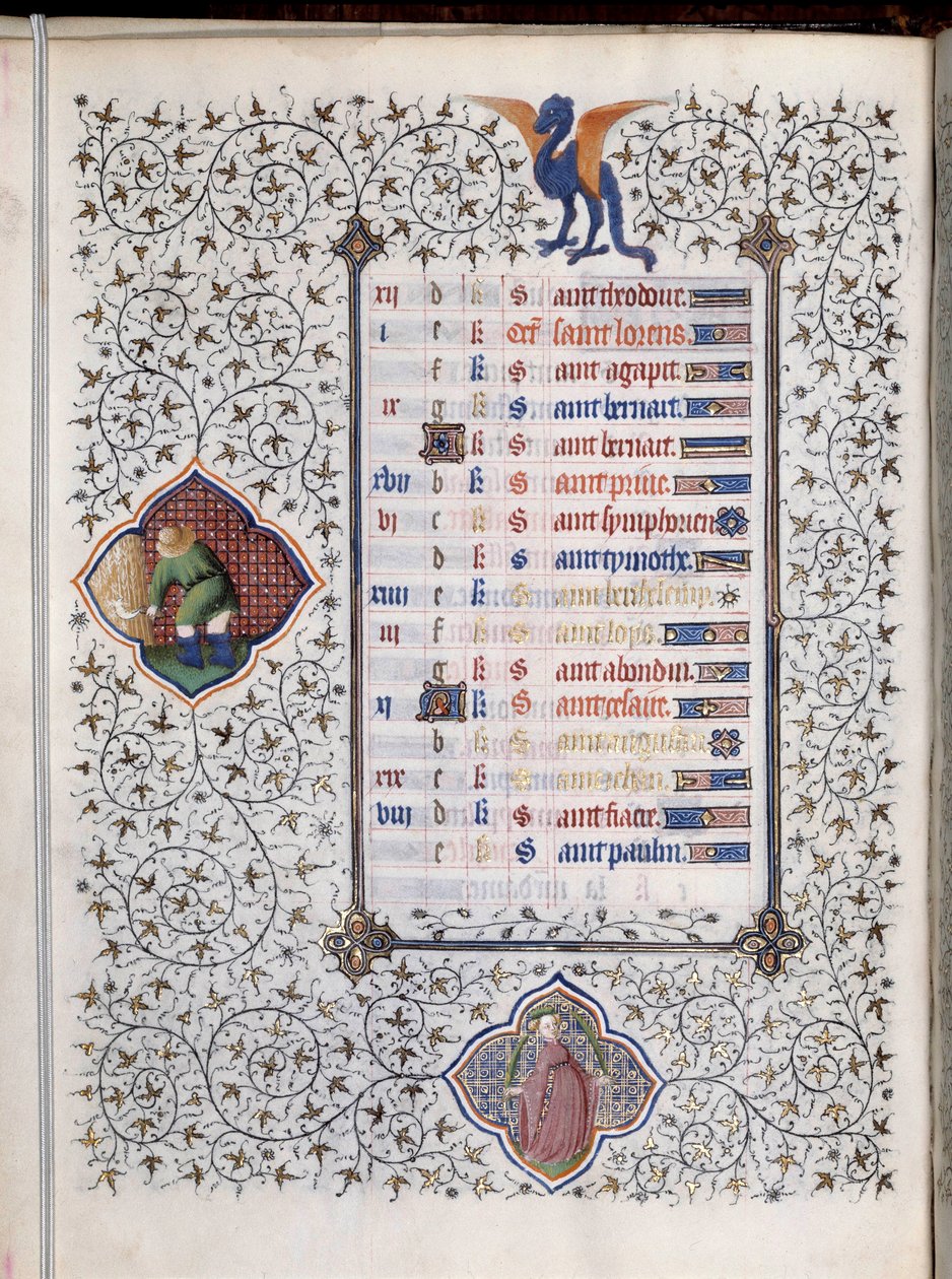 Strona rękopisu „Les Tres Riches Hours du Duke Francois de Guise””” decoree znaki zodiaku i przedstawienie pracy rolniczej, żniwa. Miniatura Mistrza Boucicaut autorstwa (and workshop) Boucicaut Master