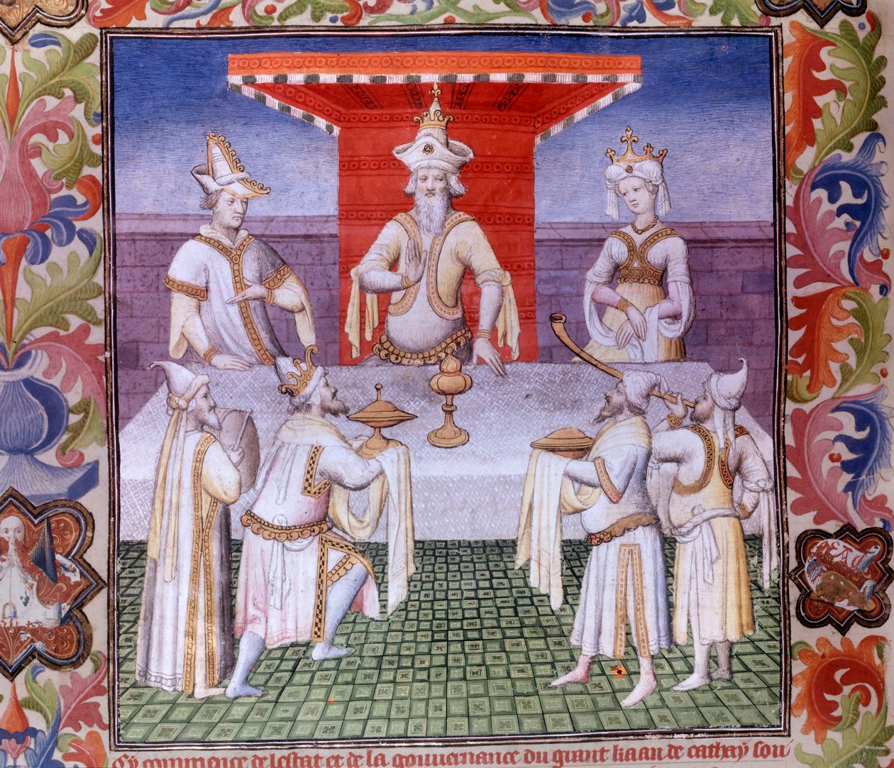 Scena posiłku przy stole Wielkiego Chana w Kraju Miniatura Cathay w „Księdze cudów”” („Wymyślenie świata”, „Il Milione”)”, rękopis fr.2810 (k. 136) ogłoszony przez Mistrza Boucicaut i napisany przez Marco Polo, Marco (125 autorstwa (and workshop) Boucicaut Master