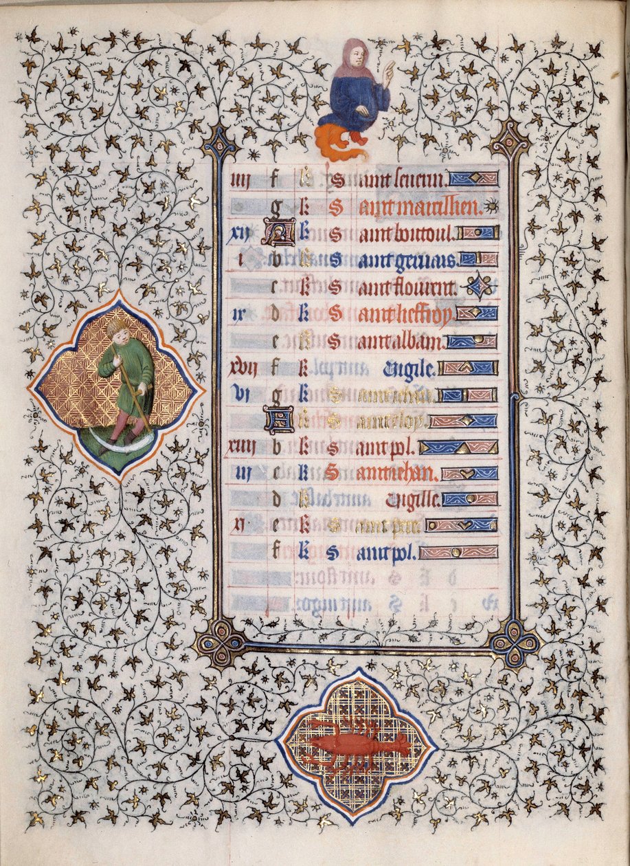 Strona rękopisu „Les Tres Riches Hours du Duke Francois de Guise”” opisana przez Mistrza z Boucicaut: przedstawienie znaków zodiaku i scen z życia codziennego: raka i człowieka z sierpem. XV wiek. Muzeum Conde, Chantilly autorstwa (and workshop) Boucicaut Master