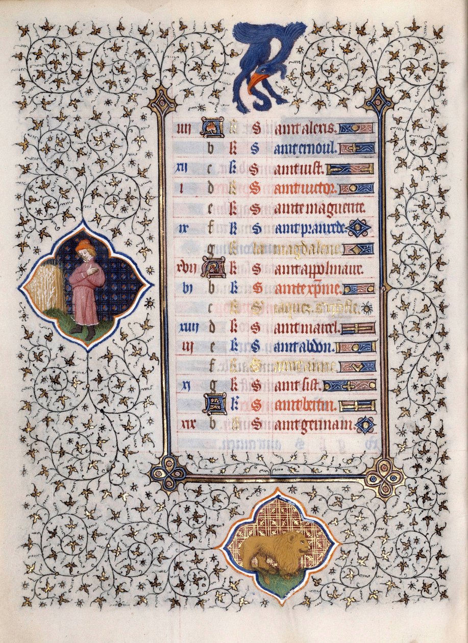 Strona rękopisu „Les Tres Riches Hours du Duke Francois de Guise”” opatrzona przez Mistrza Boucicaut: przedstawienie znaków zodiaku i scen z życia codziennego: lwa. XV wiek. Muzeum Conde, Chantilly autorstwa (and workshop) Boucicaut Master