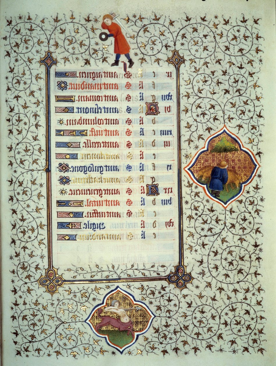 Strona manuskryptu "Les Tres Riches Hours du Duke Francois de Guise" oświetlona przez Mistrza Boucicaut: przedstawienie znaków zodiaku i scen z życia codziennego: strzelec i hodowca betaili. XV wiek. Musee Conde, Chantil autorstwa (and workshop) Boucicaut Master