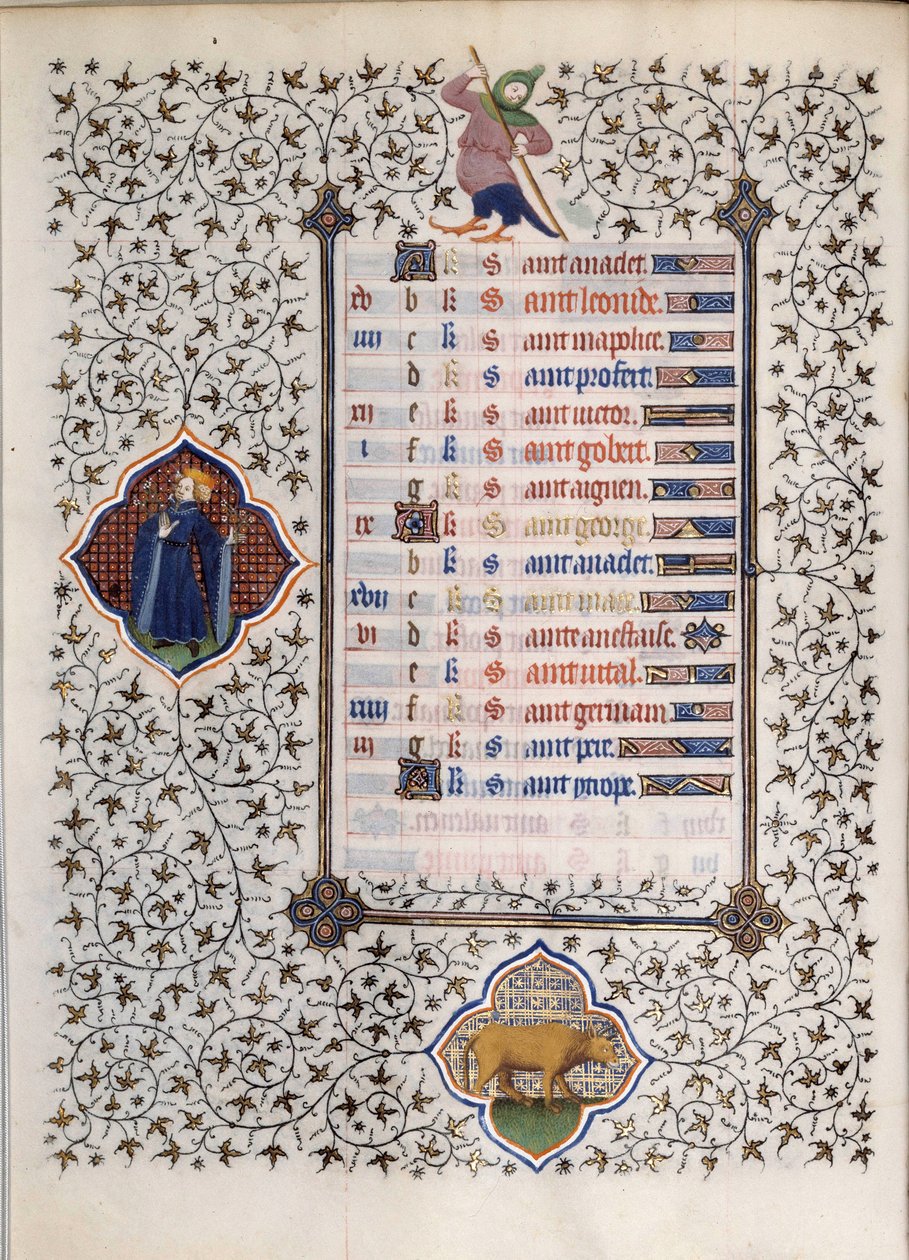 Strona rękopisu „Les Tres Riches Hours du Duke Francois de Guise”” opisana przez Mistrza Boucicaut: przedstawienie znaków zodiaku i sceny z życia codziennego: byka. XV wiek. Muzeum Conde, Chantilly autorstwa (and workshop) Boucicaut Master